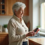 Femme âgée tenant un traceur GPS personnel dans sa cuisine, illustrant la sécurité des seniors à domicile