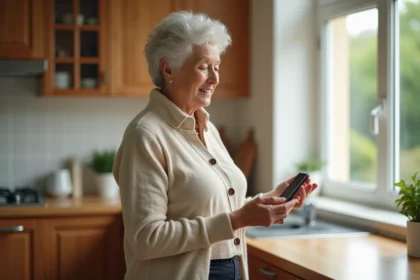 Femme âgée tenant un traceur GPS personnel dans sa cuisine, illustrant la sécurité des seniors à domicile