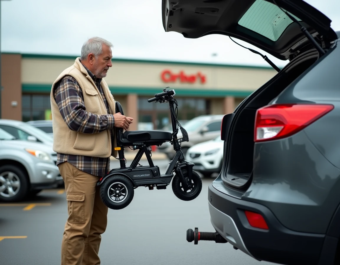 Homme utilisant un treuil portable pour charger un scooter PMR électrique dans un SUV sur un parking