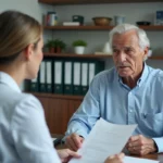 Un homme de 72 ans en consultation médicale pour le renouvellement de son permis de conduire, face à une médecin examinant son dossier
