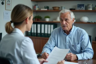 Un homme de 72 ans en consultation médicale pour le renouvellement de son permis de conduire, face à une médecin examinant son dossier