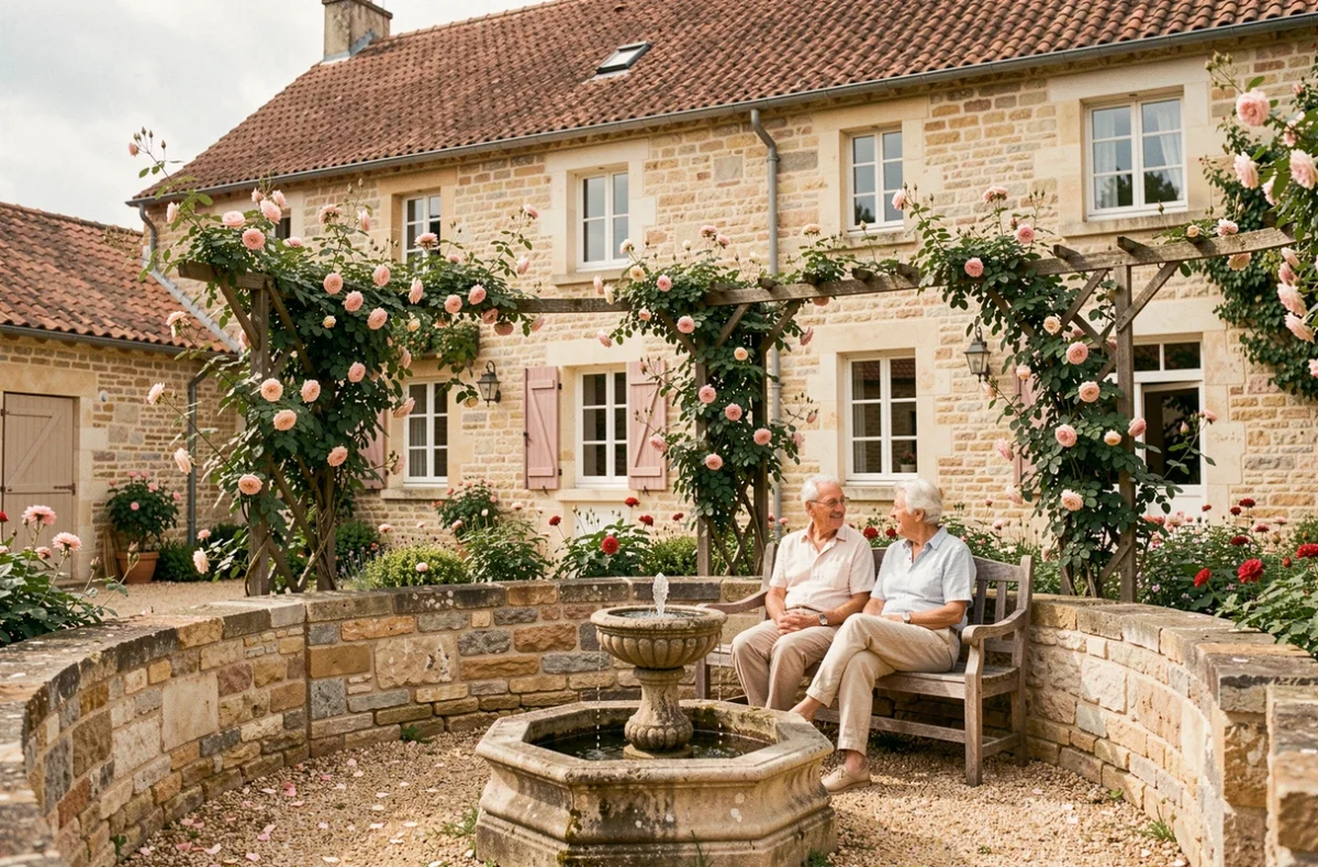 Cour jardin de la résidence Vivalib Jean-de-Beauvau à Villevêque avec deux résidents conversant près d'une fontaine
